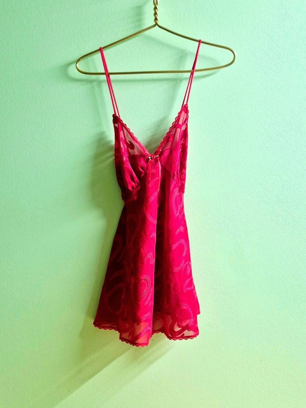 Vintage Red Heart Mesh Chemise – Lace Trim Sheer Night Slip